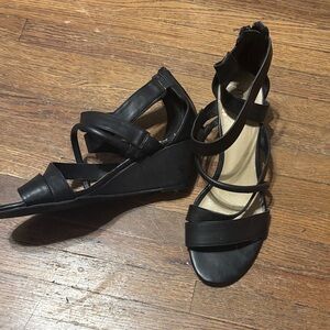 Me Too Black Strappy Wedge Sandals